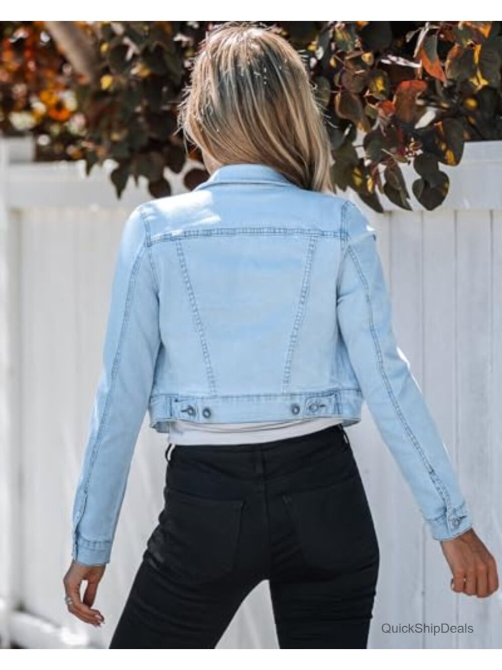 Cropped Denim Jacket Women Lightweight Stretchy Fitted Jean Shacket with Pockets - Picture 2 of 6